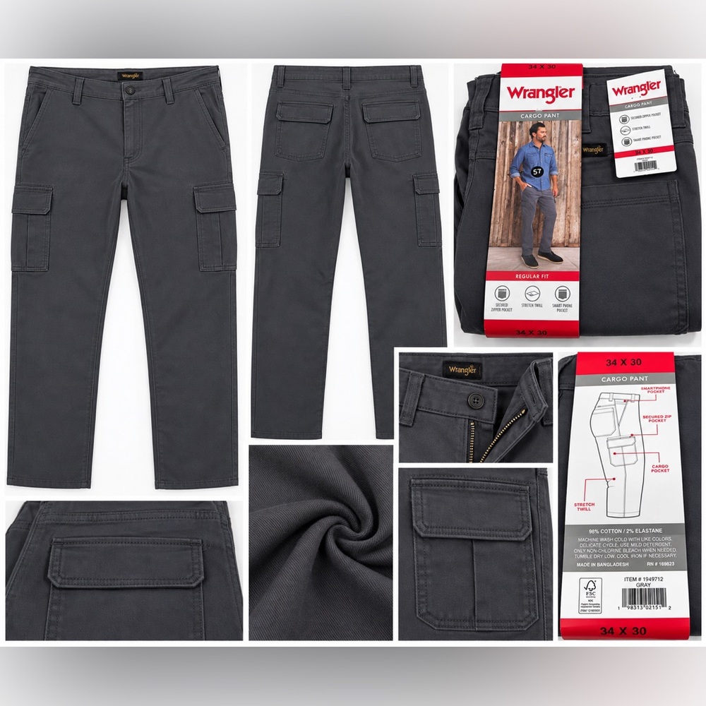 Wrangler Men's Charcoal Cargo Pants - Straight Leg 34 x 30
